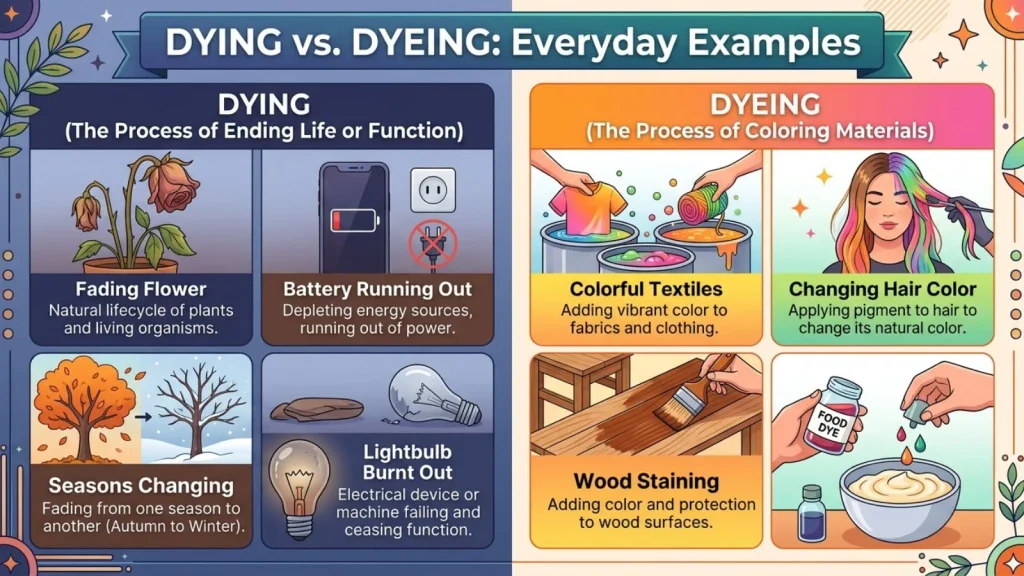 Dying or Dyeing in Everyday Examples