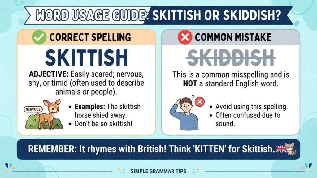 Which Spelling Should Use Skittish or Skiddish ?