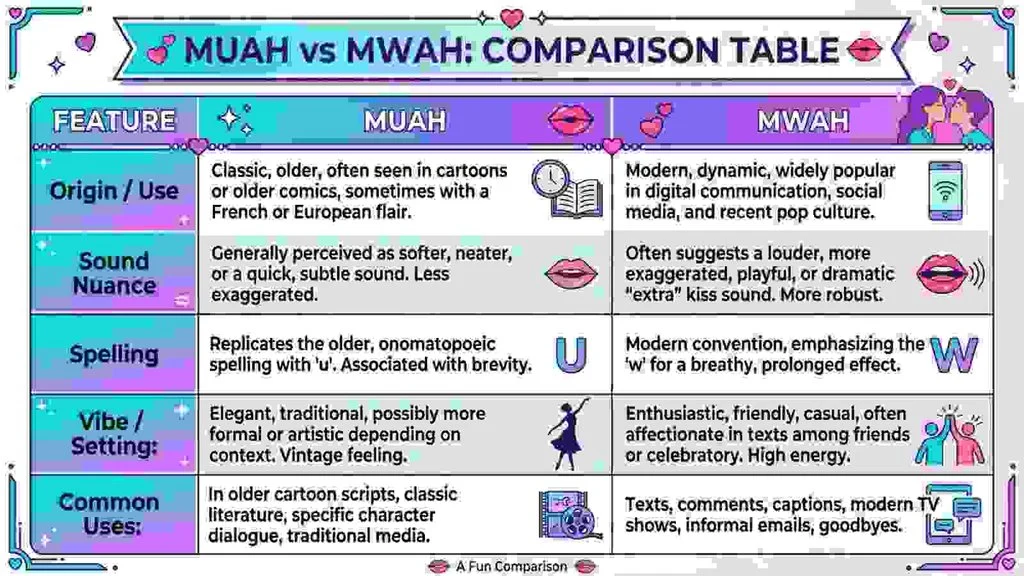 Muah vs Mwah: Comparison Table